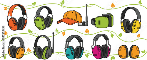 Professional Hearing Protection Vector Set with Industrial Earmuffs, Safety Headphones, Ear Defenders, and Work Cap for Construction and Landscaping Equipment Designs