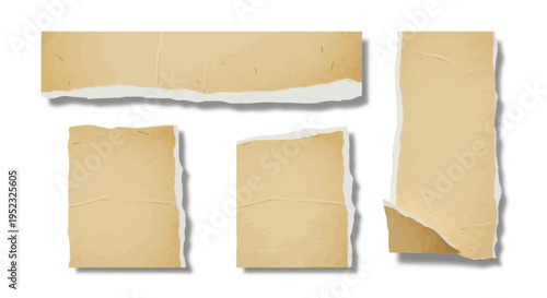 Torn Paper Pieces, Grunge Texture, Aged Brown Craft Paper, Isolated Elements