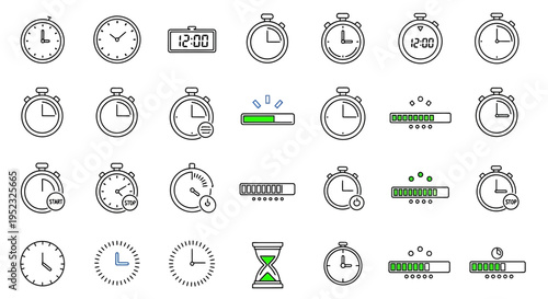 Time Icons Set: Clocks, Stopwatches, Hourglasses, and Progress Bars