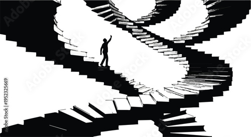 Person climbs an endless, winding staircase, symbolizing a challenging journey.