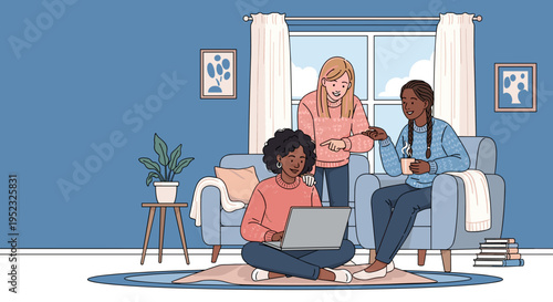 Group of friends hanging out at home using laptop cozy living room flat illustration