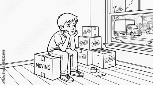 Coloring page for children - a boy is sad about moving, sitting on a box
