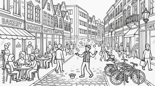 Coloring page for children - a bright pedestrian street with a lively atmosphere, people walking, street cafes, and shops