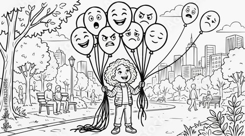 Coloring page for children - a child with colorful balloons expressing different emotions in a bright park