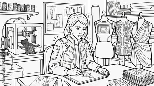 Coloring book for kids - a futuristic fashion designer draws on a digital tablet in a modern studio with a 3D printer