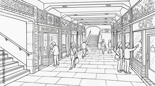 Coloring page for children - an underground passage with shops and people, a bright atmosphere, and a city setting