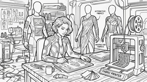 Coloring book for children - a creative designer working on innovative fabric designs with a future printer