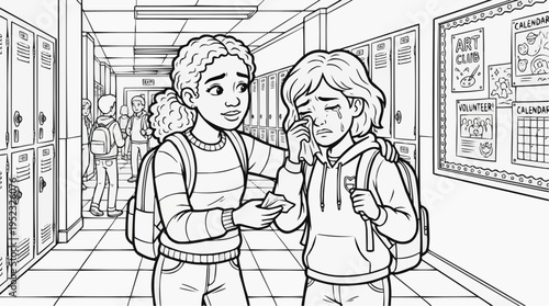 Coloring page for children - a girl comforts a crying friend in the school hallway, offering a tissue and emotional support