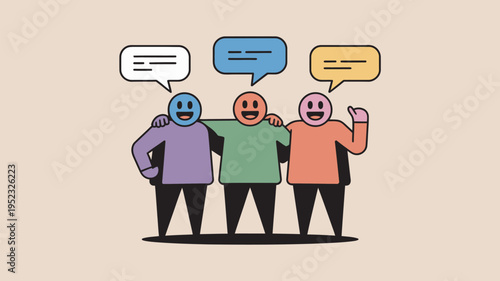 Three cartoon friends chatting and smiling together in a colorful illustration