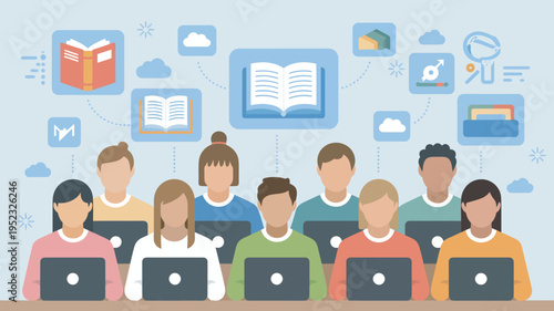 A diverse group of students using laptops in a modern educational setting with various learning icons surrounding them.