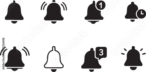 bell notification alert icon set ringing symbols, alarm bell shapes collection minimal graphic pack, notification bell icon bundle simple design set
