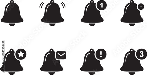 bell notification alert icon set simple symbols pack, alarm bell shapes collection minimal design set, notification bell icons graphic bundle pack