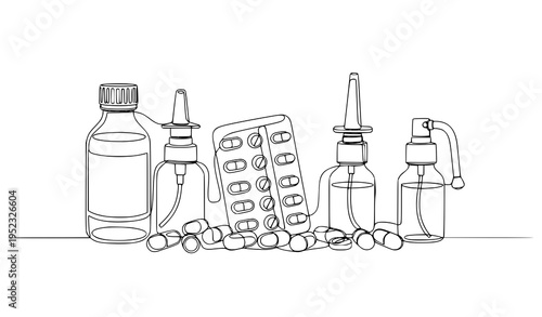 A line art illustration of various medicine bottles and pills