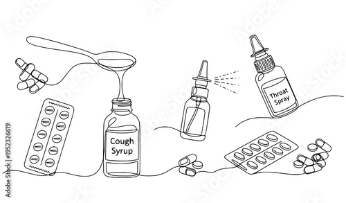 A line drawing of various medicine bottles and pills on a white background