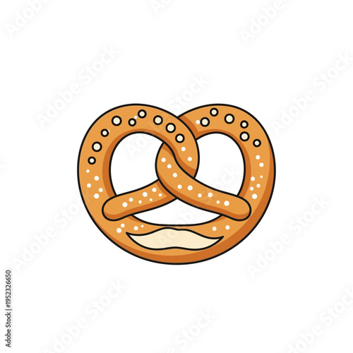 Cartoon pretzel isolated on white background, delicious baked snack with salt crystals