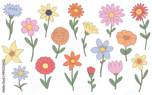 Set of colorful hand drawn flowers with green stems and leaves