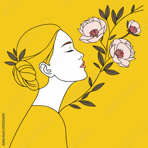 Woman smelling flowers with closed eyes and serene expression in minimalist illustration style with yellow background and pink flowers