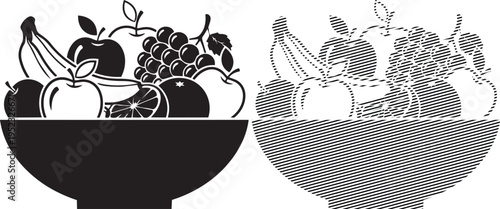 Elegant still life comparison of a black bowl with fruit and a patterned fruit basket