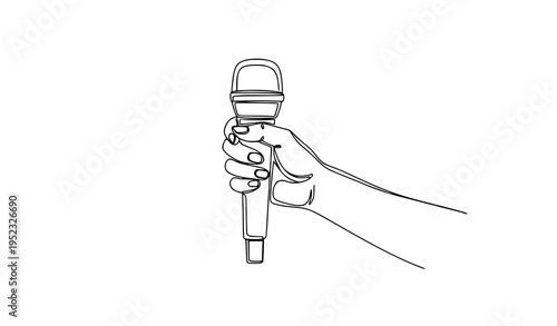 A minimalist line art illustration of a hand holding a microphone