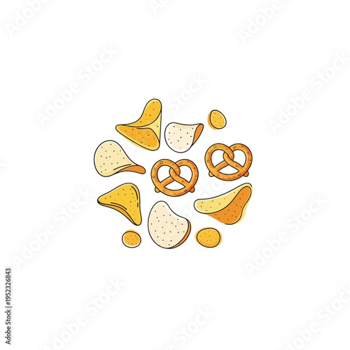 Crispy Potato Chips and Pretzel Snacks Assortment, Hand-Drawn Style