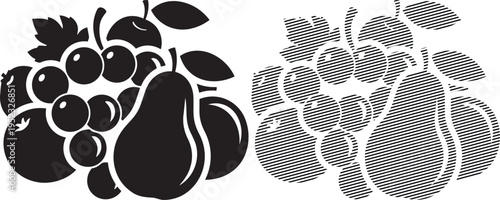 Contrasting black and white textured illustrations of grapes and pears in a still life composition