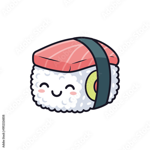 Cute Kawaii Sushi Nigiri with Salmon and Avocado, Cartoon Style