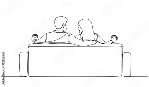 A minimalist line art illustration of a couple sitting on a couch