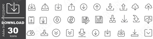download icon set, file transfer and data saving symbols, arrow down cloud download vector icons, modern UI download icons