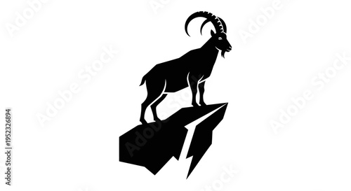 Black silhouette of a goat standing on a rocky outcrop against a white background.