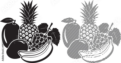 Vintage illustration of tropical fruits in baskets with intricate patterns