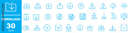 download icon set, file transfer and data saving symbols, arrow down cloud download vector icons, modern UI download icons
