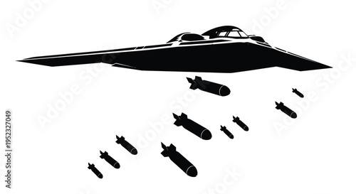 Black bomber aircraft dropping munitions a striking graphic silhouette high quality