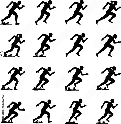 Male and Female Sprinters Starting Block Silhouette - Athlete Race Launch Sequence