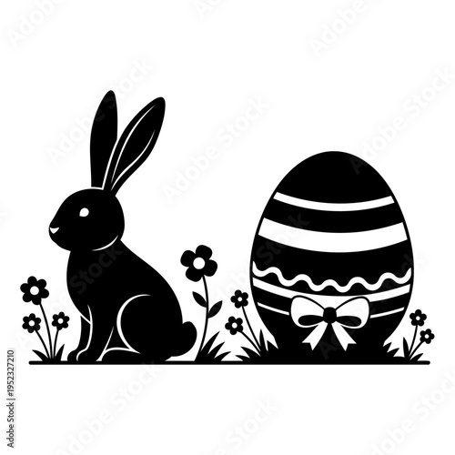 Easter bunny with decorated egg and flowers silhouette illustration
