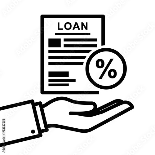 Loan document with interest rate icon above open hand line illustration