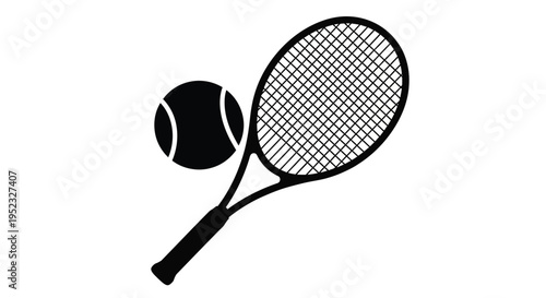 A black and white illustration of a tennis racket and ball