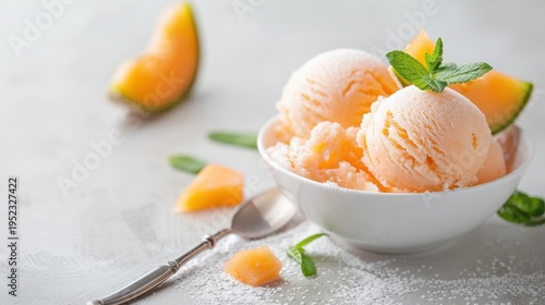Cantaloupe-themed dessert, such as cantaloupe sorbet with fresh slices as garnish, set against a clean background.