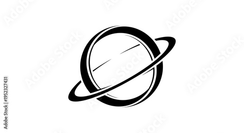 Black and white illustration of a planet with rings on a white background