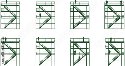Metal staircase silhouettes, architectural design, safety railings, multi‑level structure, human placement, vector illustration