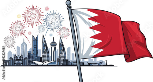 Bahrain National Day Skyline with Flag and Fireworks Vector Illustration