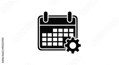 Black and white calendar icon with a gear symbol alongside it