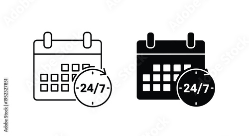 Calendar icon with 24 7 clock shown in line and filled styles