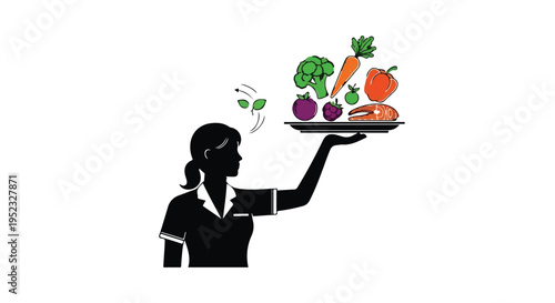 Woman's silhouette holds a tray filled with a colorful assortment of fresh healthy.