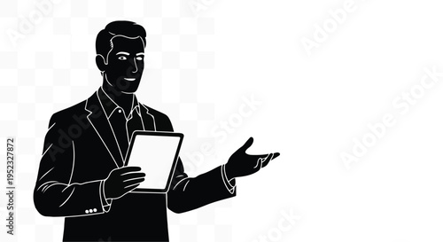 Businessman silhouette holds a blank tablet while gesturing towards empty space.