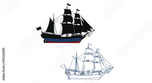 Detailed illustration of a historic sailing ship with two distinct views