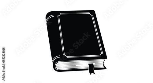 A vintage black book with a bookmark rests on a white surface