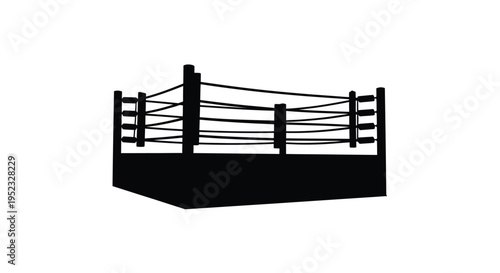 A silhouetted boxing ring with ropes and corner posts is displayed