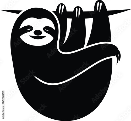 A black and white illustration of a smiling sloth hanging upside down from a branch
