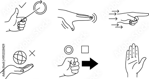 Symbolic hand gesture icon set, touchscreen communication illustration, interactive sign artwork collection