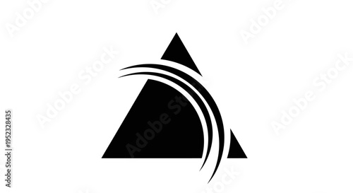 Black graphic design of two triangles with curved white lines on a white background.